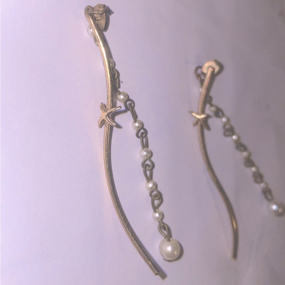 Vintage Gold Plated Star Tassel Wave Dangle Drop Pearl Earrings - Picture 2 of 4